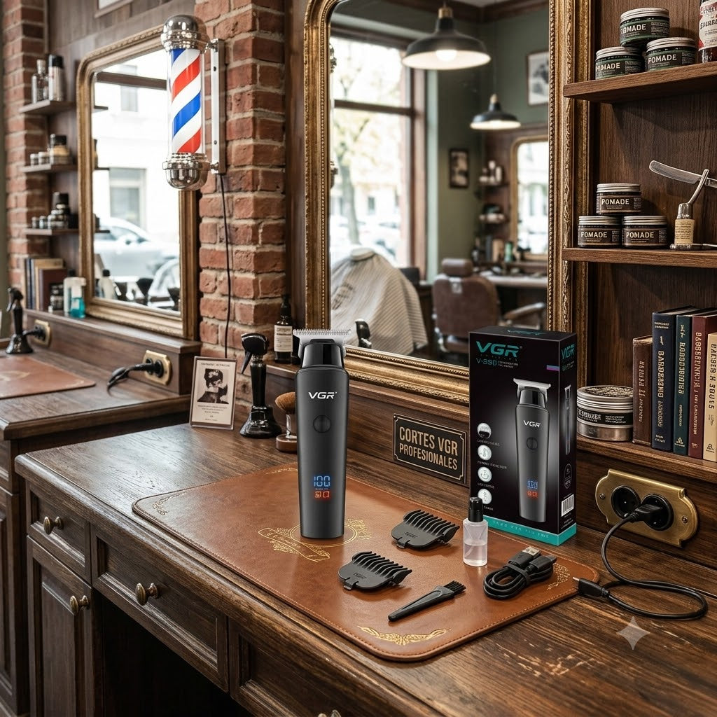 Recortadora de barba y cabello Lyxo VGR V-937 negra con pantalla LED, accesorios y caja en una barbería clásica.