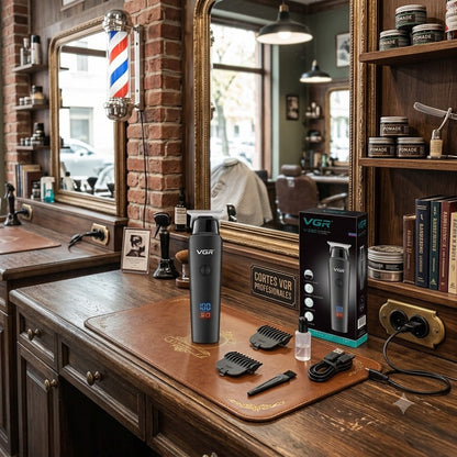 Recortadora de barba y cabello Lyxo VGR V-937 negra con pantalla LED, accesorios y caja en una barbería clásica.