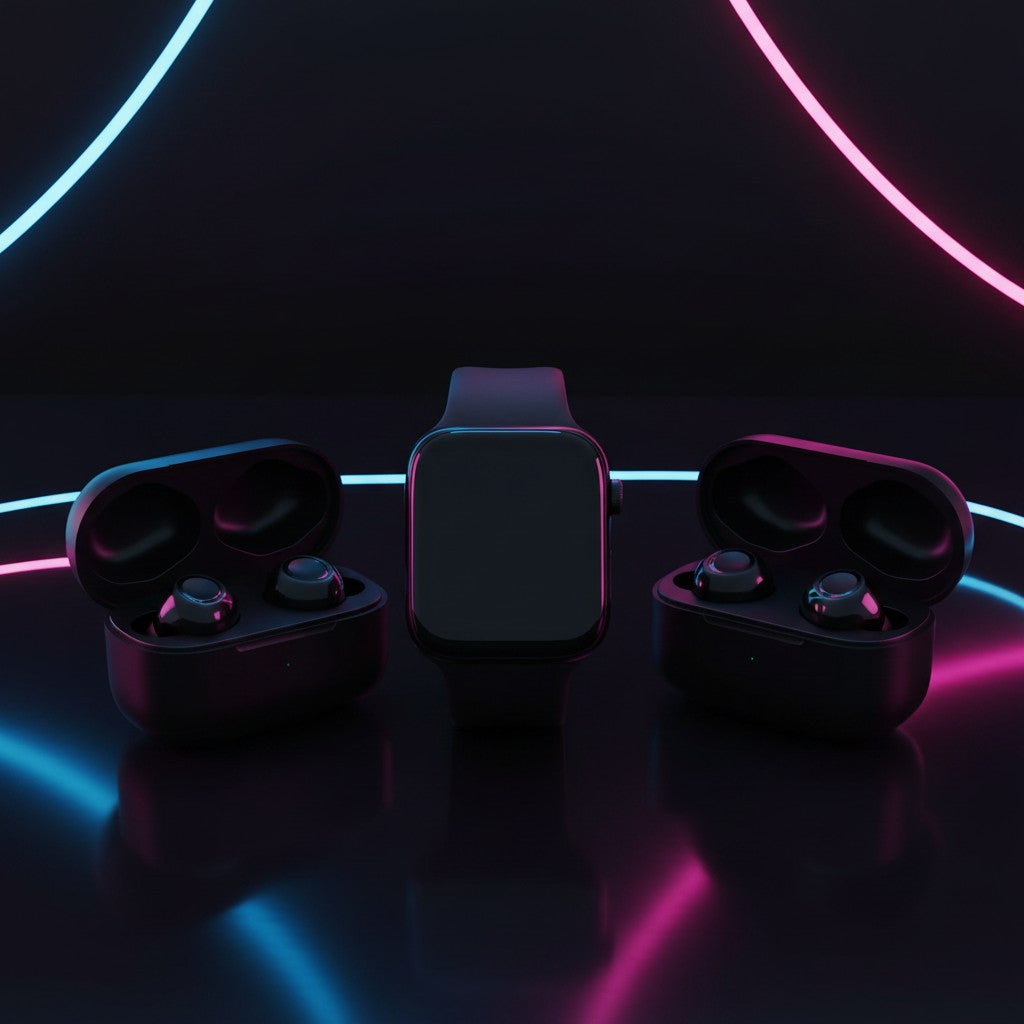 Set de reloj inteligente Lyxo y audífonos inalámbricos negros con estuches de carga sobre fondo con luces de neón
