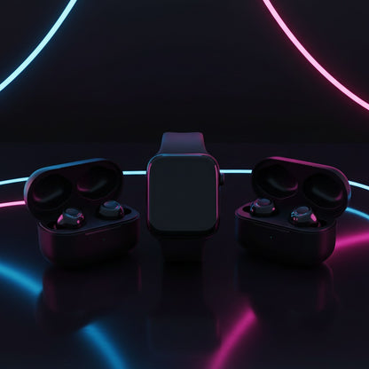 Set de reloj inteligente Lyxo y audífonos inalámbricos negros con estuches de carga sobre fondo con luces de neón
