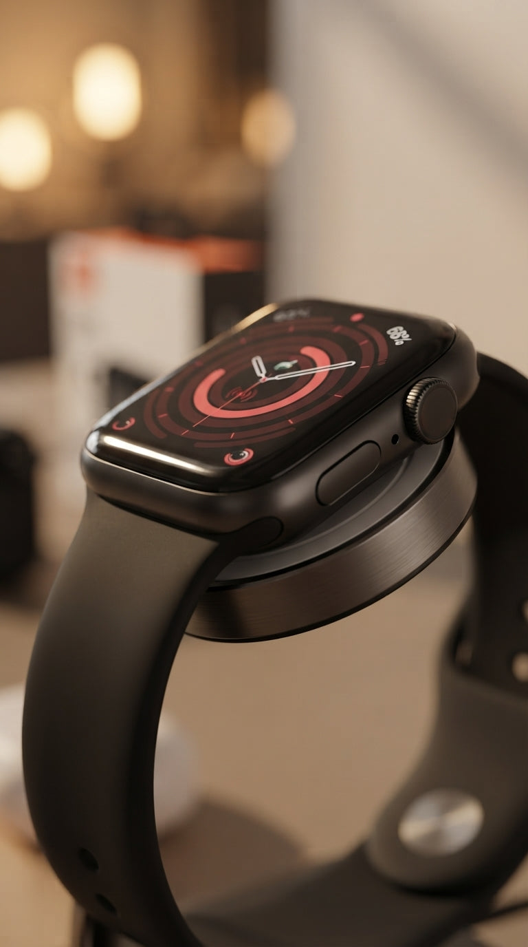 Reloj inteligente Lyxo T900 Pro Max L negro con pantalla táctil y correa de silicona cargándose en base magnética
